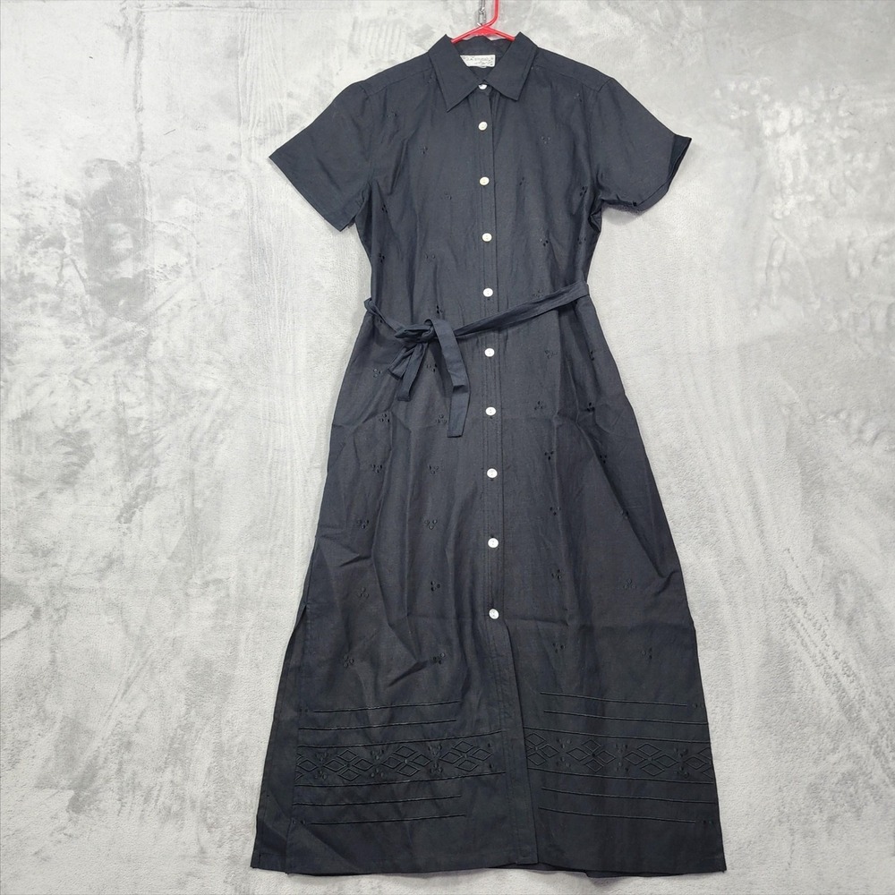 Vintage‎ J.A. Studio Dress Womens M Black Button Front Belted Maxi Embroidered